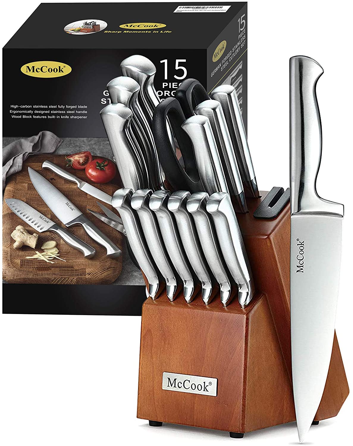 McCook Knife Sets 15-Piece Knife Block Sets with Built-in Sharpener